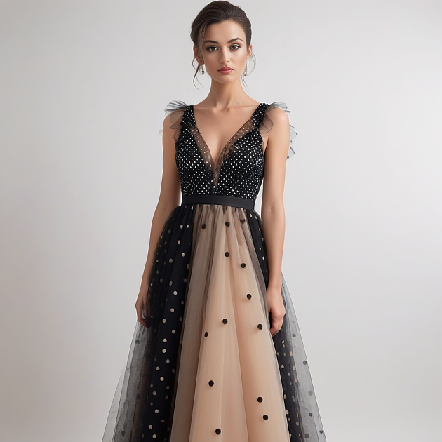 PATRICIA - Długa sukienka z dekoltem i tiulową spódnicą w groszki czarna