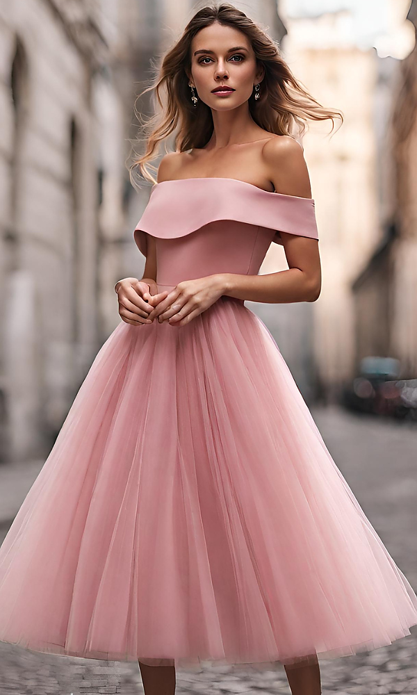 PINUP - tiulowa sukienka bez ramion midi pudrowo różowa