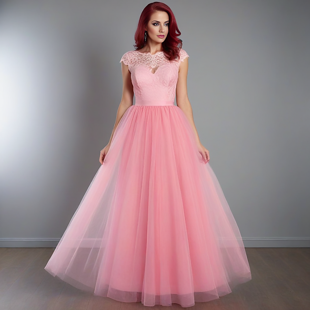 SEVILLA - Długa tiulowa sukienka z koronkową górą różowa